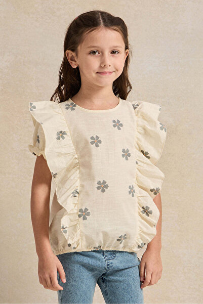 REDTAG بلوزة صفراء مطبوعة بالزهور مع كشكشة للبنات