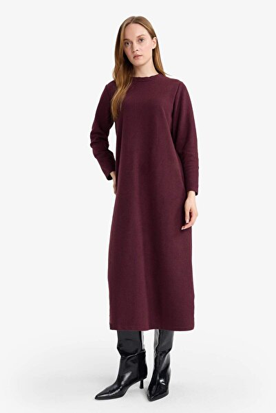 DeFacto Regular Fit Bisiklet Yaka Uzun Kollu Kemerli Maxi Elbise G1885AX25WN