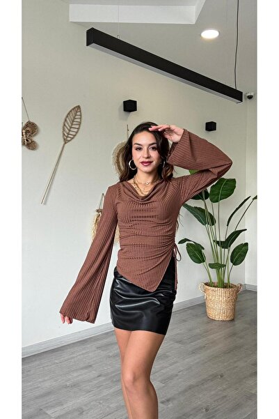 modadagiyim Women's Asymmetrical Cut Drawstring Spanish Sleeve Design Blouse