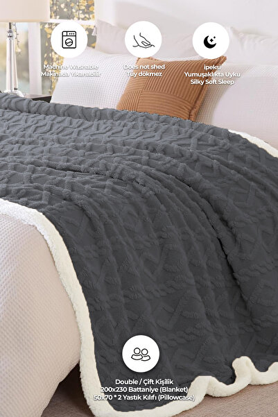 Evlen Home Collection Pufly Jakar Sherpa Ковдра Комплект Двоспальний 3 Штуки М'яка Плюшева Wellsoft Покривало Антрацит