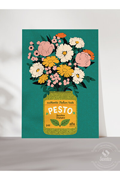Sweetco Çerçevesiz Poster Pesto Jar | Retro İtalyan Renkli Çiçekli Mutfak Duv...