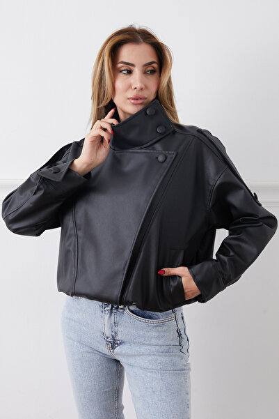 DPARİS Faux Leather Jacket with Elastic Waist and Hidden Zipper