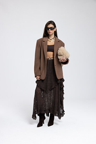 MAI STUDIOS CO. Fusta asimetrică din dantelă maro Mireya