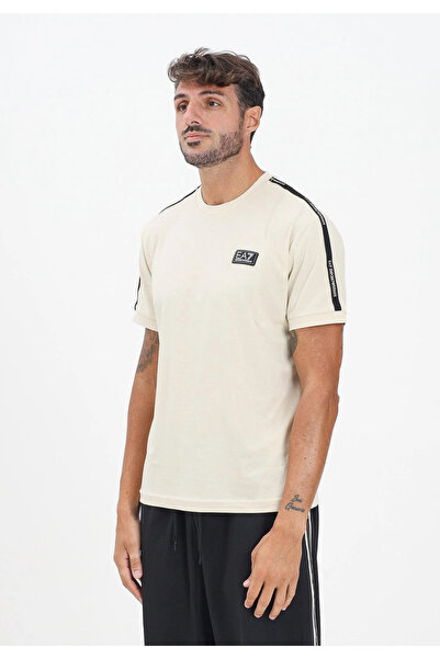 EA7 Men's Cotton Crew Neck Short Sleeve Ecru- Black T-Shirt 7m000956 Af10375-M1218