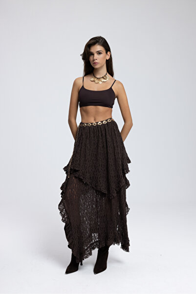MAI STUDIOS CO. Fusta asimetrică din dantelă maro Mireya