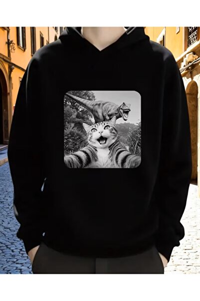 oneagılyazı Black and White Cat and Trex Printed Hooded Sweatshirt