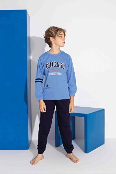 gültekin bebe Tarık 10-15 Yaş Erkek Çocuk Chıcago Baskılı İnterlok Pijama Takımı 4120320 - MAVİ