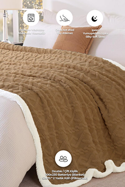 Evlen Home Collection Pufly Jacquard Sherpa Blanket Set Double Size 3 Pieces Soft Plush Wellsoft Bedspread