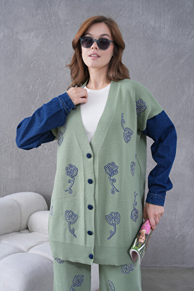 Miss Allos Women's Sleeves Denim Front Beaded Wide Fit Knitwear Cardigan and Pants Bottom-Top Set