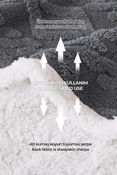 Evlen Home Collection Pufly Jakar Sherpa Battaniye Seti Çift Kişilik 3 Parça Yumuşak Peluş Wellsoft Yatak Örtüsü Antrasit