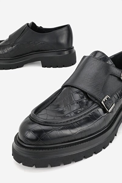 TUNAELLİ Men's Black Crocodile Patterned Genuine Natural Leather Shoes with Double Buckle, Size 39-45-46