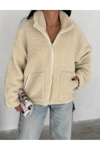 İLKCET MODA ψηλός λαιμός Γυναικείο παλτό με φερμουάρ oversized βελούδινο