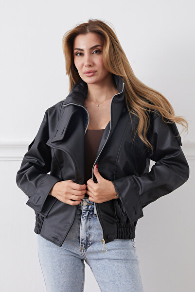DPARİS Faux Leather Jacket with Elastic Waist and Hidden Zipper