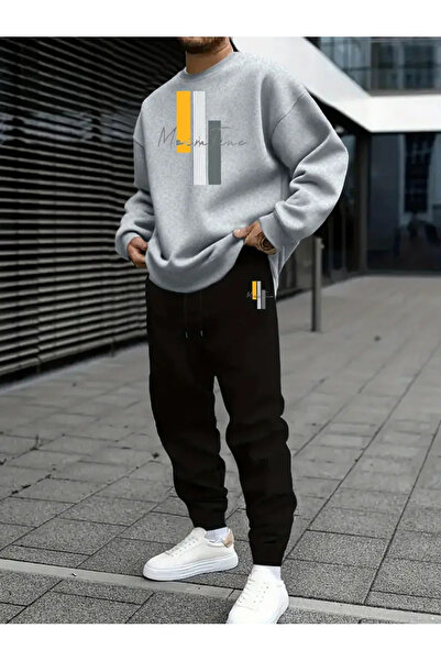 Flaubert -بدلة رياضية رجالية رمادية مطبوع قصة فضفاضة - طقم من قطعتين