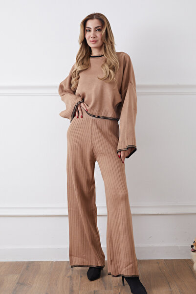 DPARİS Crew Neck Shepherd Stitch Sweater Pants Knitwear Two-Piece Set