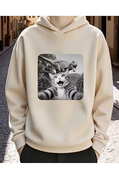 oneagılyazı Black and White Cat and Trex Printed Hooded Sweatshirt