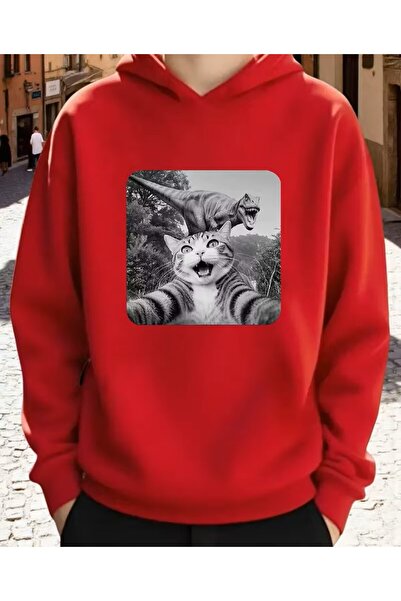 oneagılyazı Black and White Cat and Trex Printed Hooded Sweatshirt