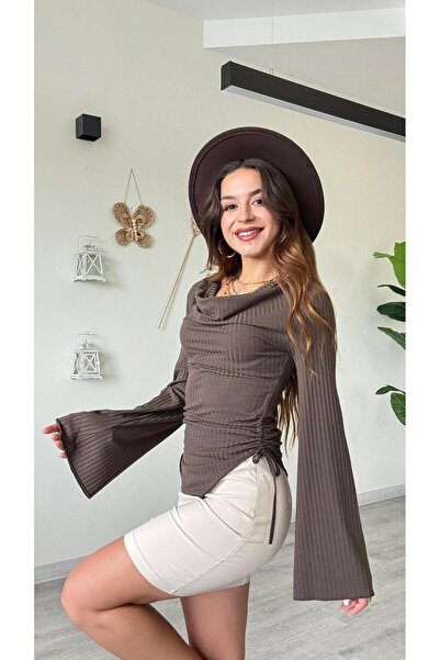 modadagiyim Women's Asymmetrical Cut Drawstring Spanish Sleeve Design Blouse