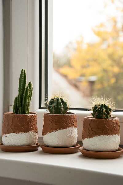 Atiz Çömlek evi El yapımı dokulu 3 lü Toprak saksı