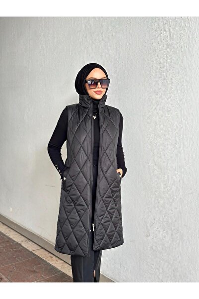 Minel Women's Black Long Quilted Vest