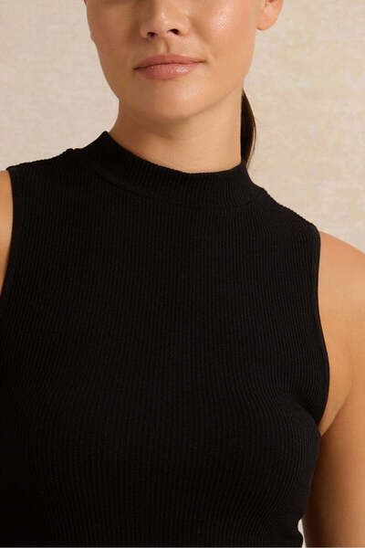 REDTAG Women Black Ribbed Seam Less High Neck Vest