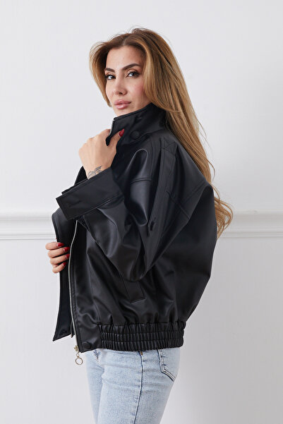 DPARİS Faux Leather Jacket with Elastic Waist and Hidden Zipper