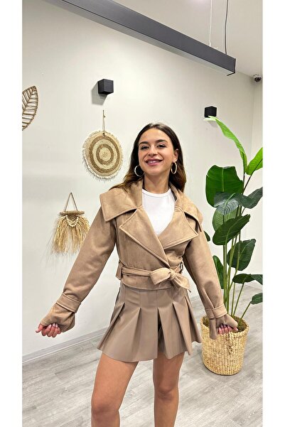 modadagiyim Women's Double-Breasted Collared Belted Short Trench Coat