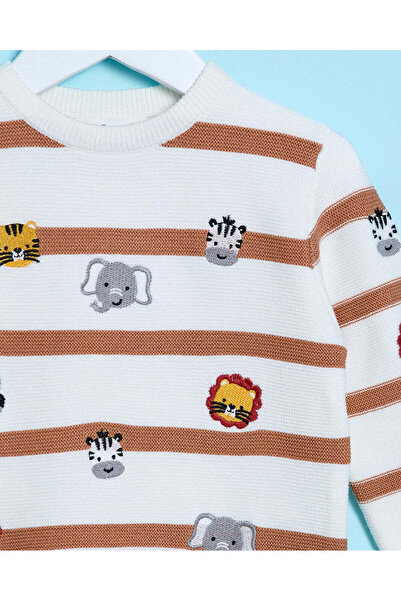 REDTAG Infant Boys Ecru Striped Pullover Sweater Embroidery