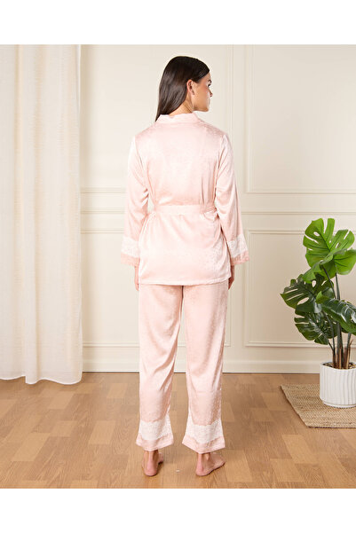 REDTAG Women Pink Satin Lace Robe & Pant Set (2 Piece)