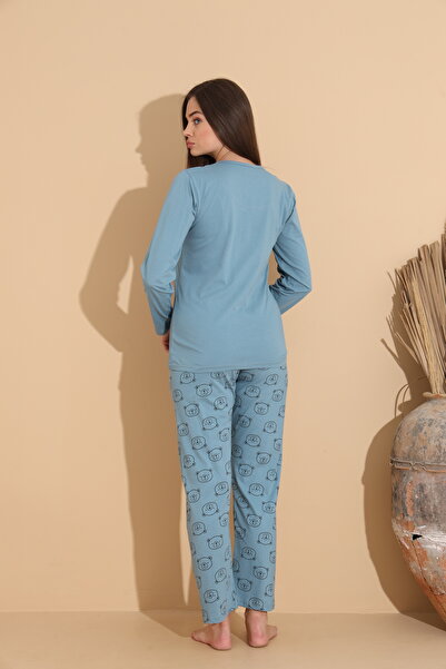 Serena Women's light blue pajamas, "Cute" teddy bear blouse and teddy bear Printed pants – 100% cotton