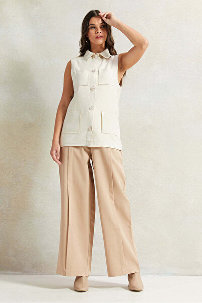 REDTAG Women Cream Sleeveless Collared Vest