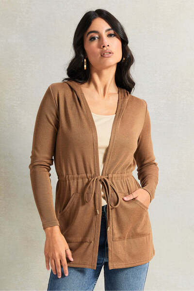 REDTAG Women Beige Waist Hooded Cardigan With Pockets