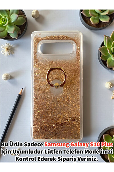 Merwish Samsung Galaxy S10 Plus Compatible Shiny Silicone Case with Water Glitter Ring and Stand Gold