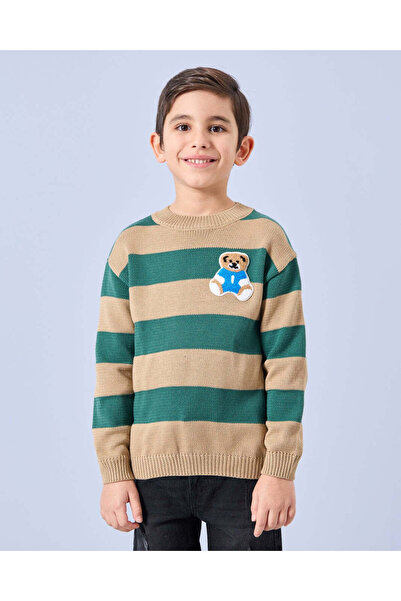 REDTAG بلوفر مخطط باللونين الأخضر والبني مع تطريز دب للأولاد