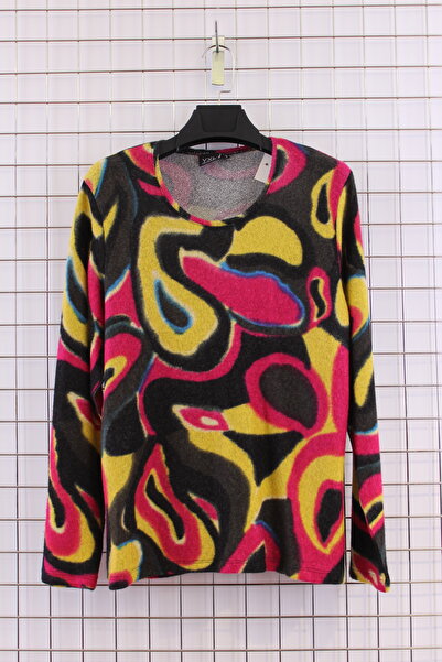 YXL COLLECTION Women's Plus Size Stretch Fabric Crew Neck Colorful Mix Patterned Soft Sweater Mom Blouse