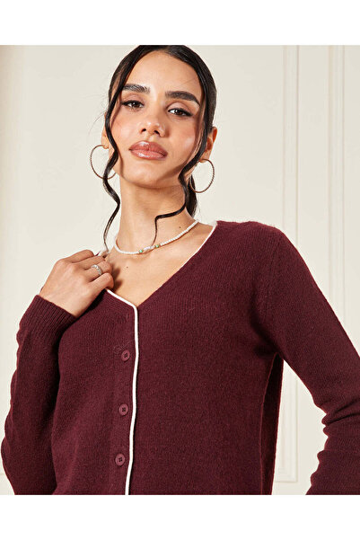 REDTAG Women Burgundy Knitted Top With Ivory Contrast Piping Detail