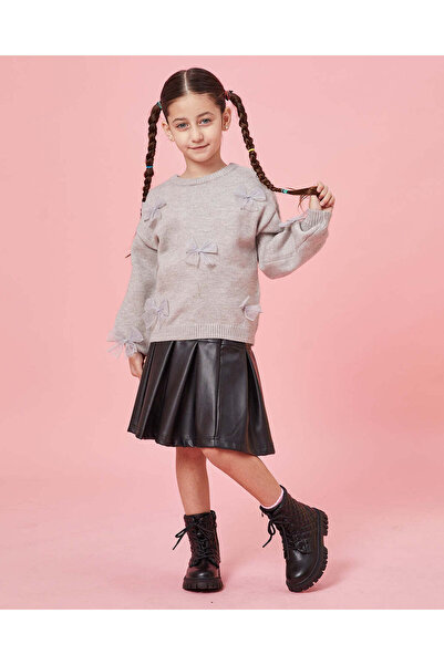 REDTAG Girls Grey Pullover With 3D Bow Trim