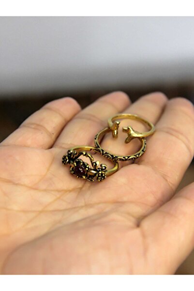 esha Natural Stone 3-Piece Garnet (Ruby) Natural Stone Antique Model Women's Adjustable Ring Set Euy86