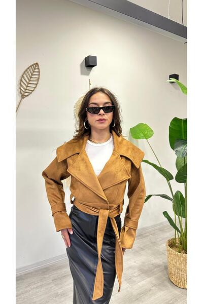 modadagiyim Women's Double-Breasted Collared Belted Short Trench Coat