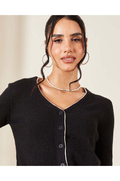 REDTAG Women Black Knitted Top With Ivory Contrast Piping Detail