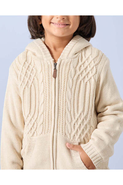 REDTAG Boys Beige Zip Thru Fur Lining Hooded Cardigan