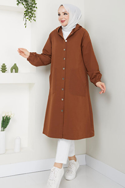 Tesettür Diyarı Torino Kumaş Düğmeli Kapüşonlu Trenç- Kahverengi