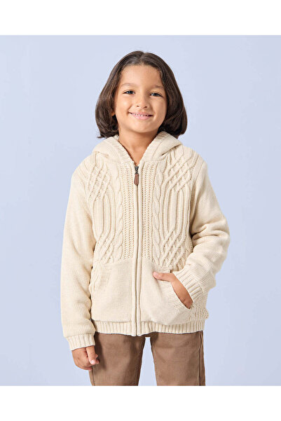 REDTAG Boys Beige Zip Thru Fur Lining Hooded Cardigan