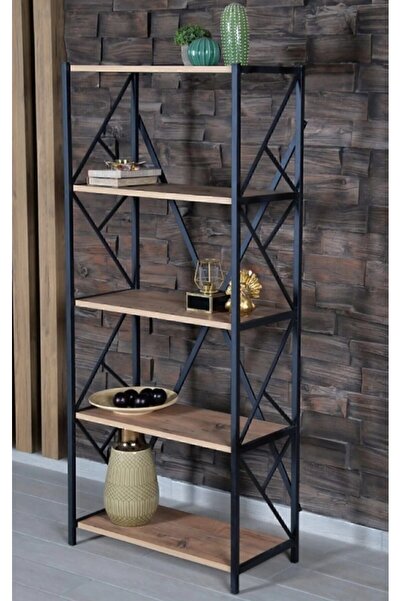 RafBurada 5 Katlı Kitaplık - Metal Ayaklı Ahşap Kitaplık, Dekoratif Raf Meşe