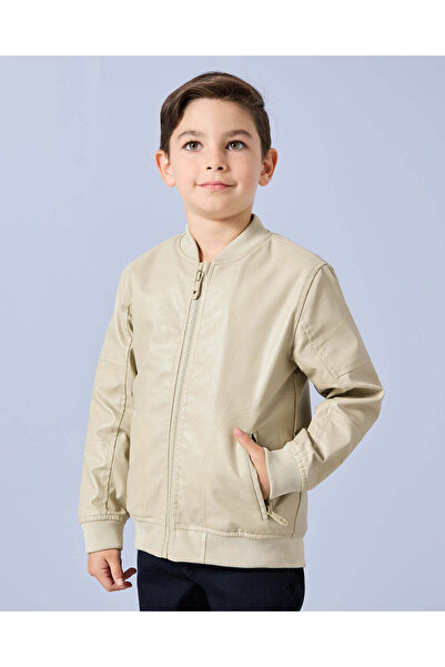 REDTAG Boys Cream Pu Bomber Fur Line Jacket