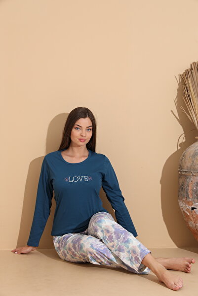 Serena Women's navy blue pajamas, "Love" blouse and floral Printed pants - 100% cotton