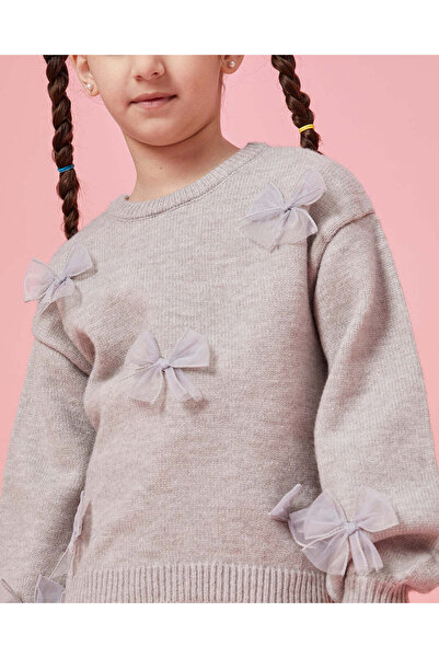 REDTAG Girls Grey Pullover With 3D Bow Trim