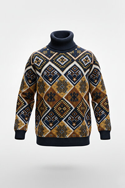 Pulltonic Erkek Kalın Balıkçı Yaka Desenli Kazak | %68 Kuzu Yünü