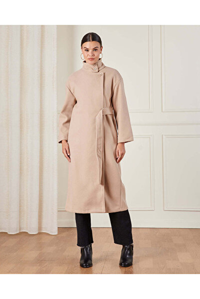 REDTAG Women Beige Long Length Belted Melton Coat