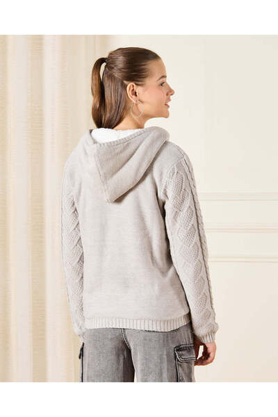 REDTAG Senior Girls Grey Hooded Cable Knit Cardigan